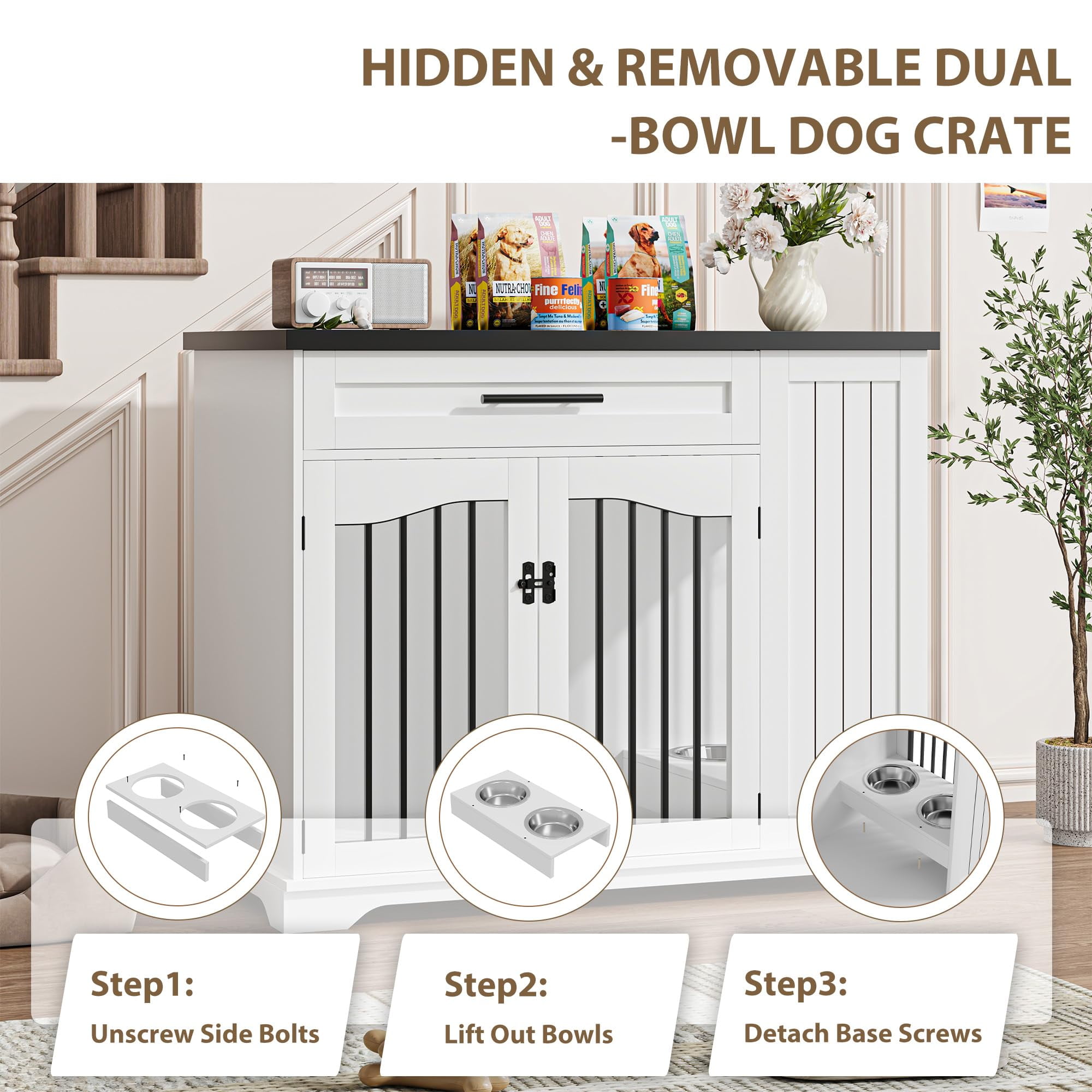 Garvee 43'' Dog Crate Furniture, Dog Kennel Indoor with 1 Big Storage Drawers and Hidden Feeding Bowl, Sturdy Wood Dog Crate with 2 Doors and Adjustable Shelf for Small, Medium Dogs White