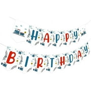 Train Themed Happy Birthday Banner, Railroad Steam Train Birthday Bunting Sign, Railway Bday Garland Decorations