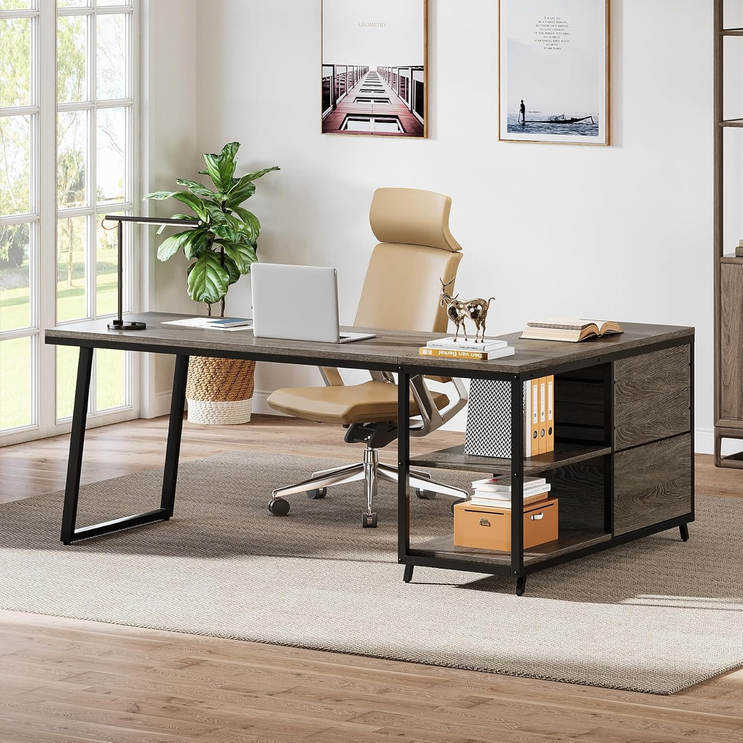 Tribesigns 53" L Shaped Office Desk, Reversible Corner Computer Desk with 3 File Drawers and 2 Storage Shelves for Home Office, Study, Gaming Room (Gray)