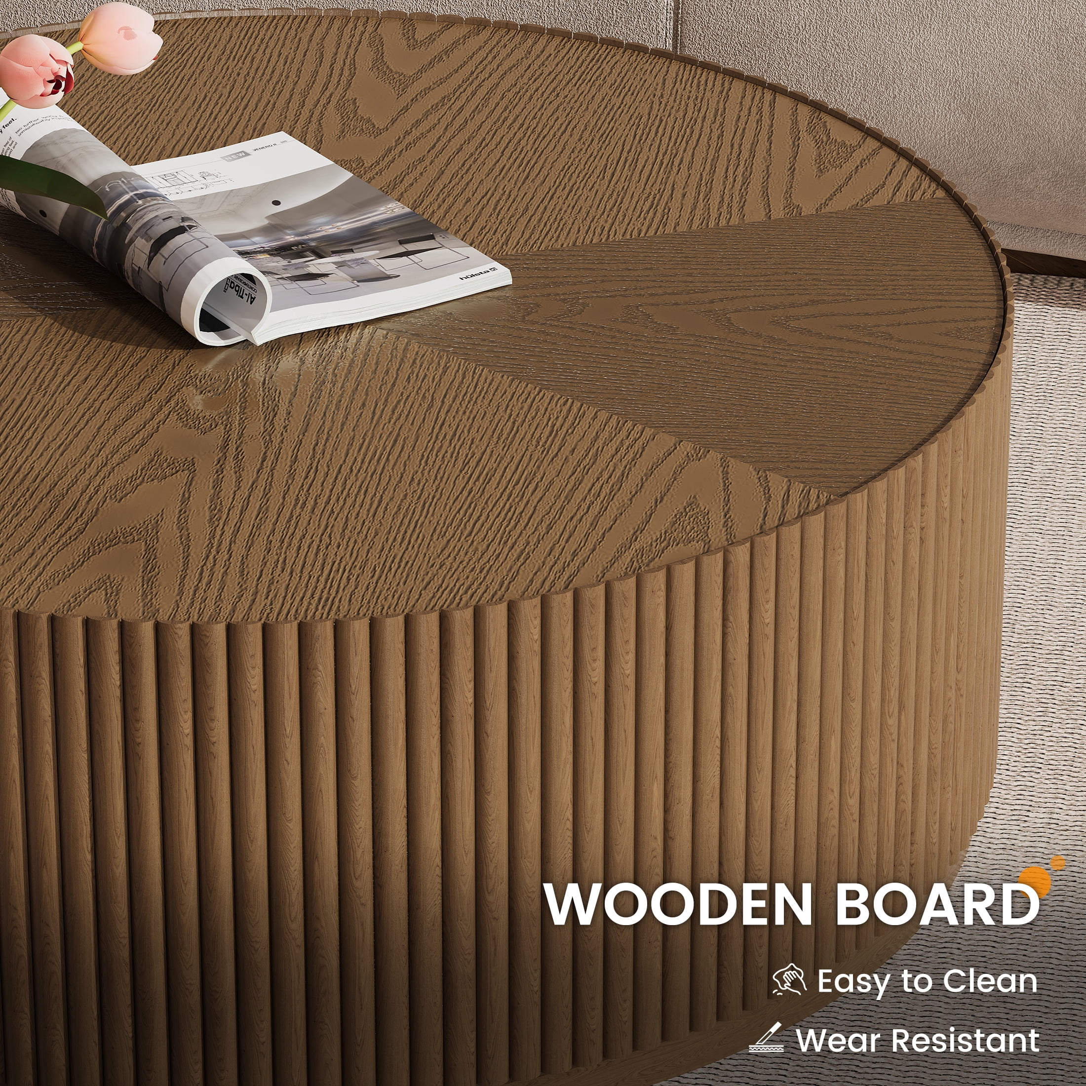Gelloan 35" Round Coffee Table with Two Drawers，Circle Coffee Table Space-Saving Multiple Purpose for Living Room，Dining Room and Home,Brown