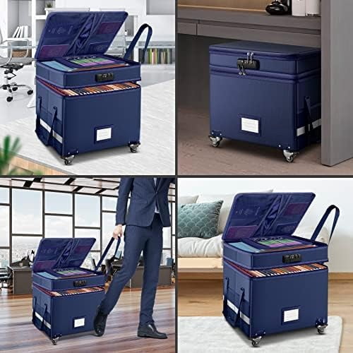 File Box with Lock, 2-Layer Fireproof Document Box with Wheels,Collapsible File Storage Organizer with Pockets,Large Portable Office Filing Cabinet Hanging Folders,Blue,16''x13.8''x12.2''