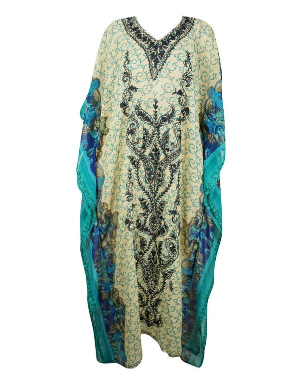 Women Maxi Dress, Blue Black Embroidered Caftan L-4XL