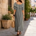 thumbnail image 4 of Karymi Easter Dresses for Women Off Shoulder Ruffle Maxi Dress, Front Tie V Neck Puff Short Sleeve Loose Flowy Casual Vacation Sundress With Side Pockets Wedding Guest Dresses for Women, 4 of 6