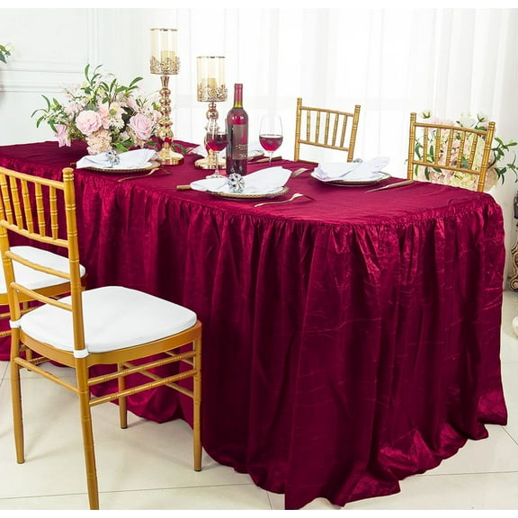 Wedding Linens Inc. 6' ft (30"x72") Rectangular Ruffled Fitted Crushed Crinkle Taffeta Tablecloth With Skirt for Party, wedding, events, décor - Burgundy