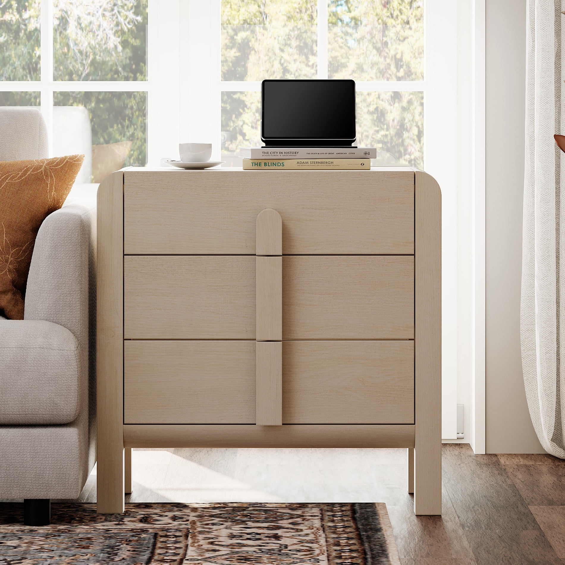 Mid-Century Modern Wood Nightstand with 3 Drawers ,31.5" Large End Table,Curved Bedside Table Storage Cabinet for Bedroom, Living Room,Entryway