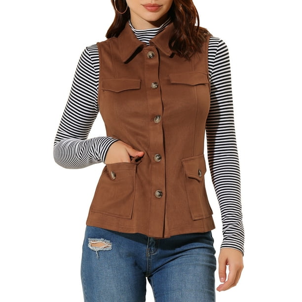 CHALECO UTILITARIO SIN MANGAS DE SUEDE FALSO CON BOTONES Y BOLSILLOS PARA MUJERES INSPIRAR CHIC COLOR MARRÓN