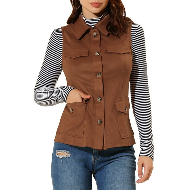 INSPIRE CHIC Women's Utility Cargo Vest Button Front Sleeveless Faux Suede Jacket with Pockets S Brown