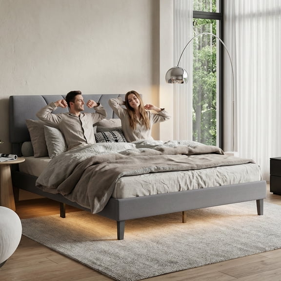 Queen Bed Frame, Solid Wood Platform Bed with Upholstered Headboard and Wood Slats Support, No Box Spring Needed, for 80x60 Inch Mattresses, Dark Gray