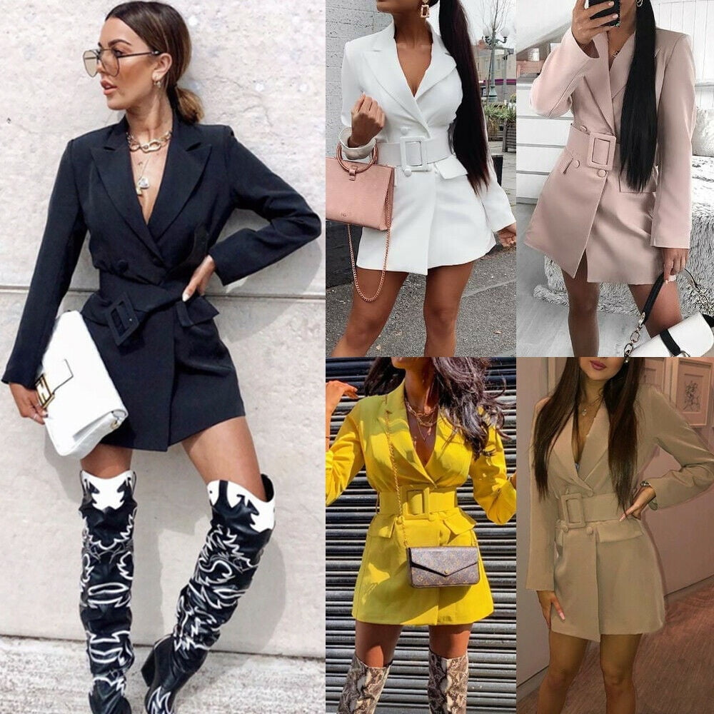 v neck double breasted blazer dress