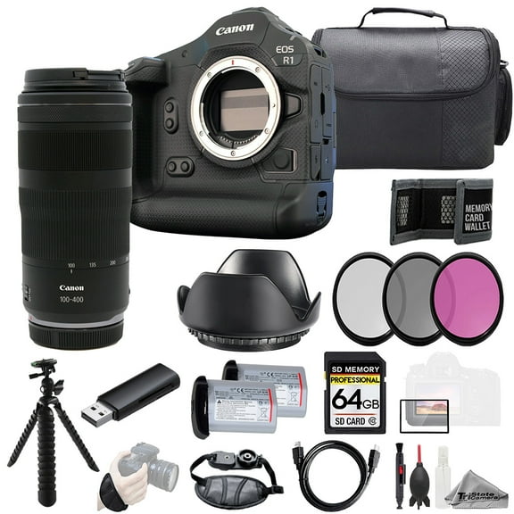 Canon EOS R1 Camera   RF 100-400mm f/5.6-8 IS USM Lens  64GB   Ext Bat  3 PC Filter- Kit (International Version)