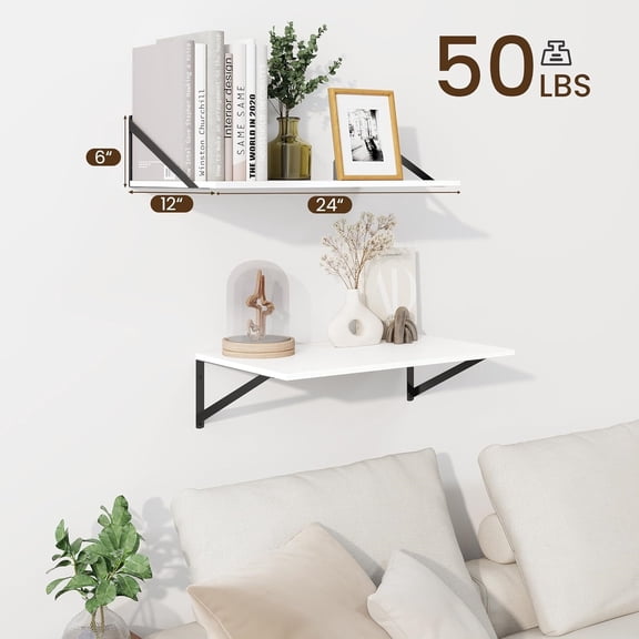 Floating Shelves for Wall, 12 Inch Deep Floating Shelves Set of 2, 24W x 12D Large Wall Shelf with Sturdy Metal Brackets for Living Room, Bathroom, Bedroom and Kitchen, White