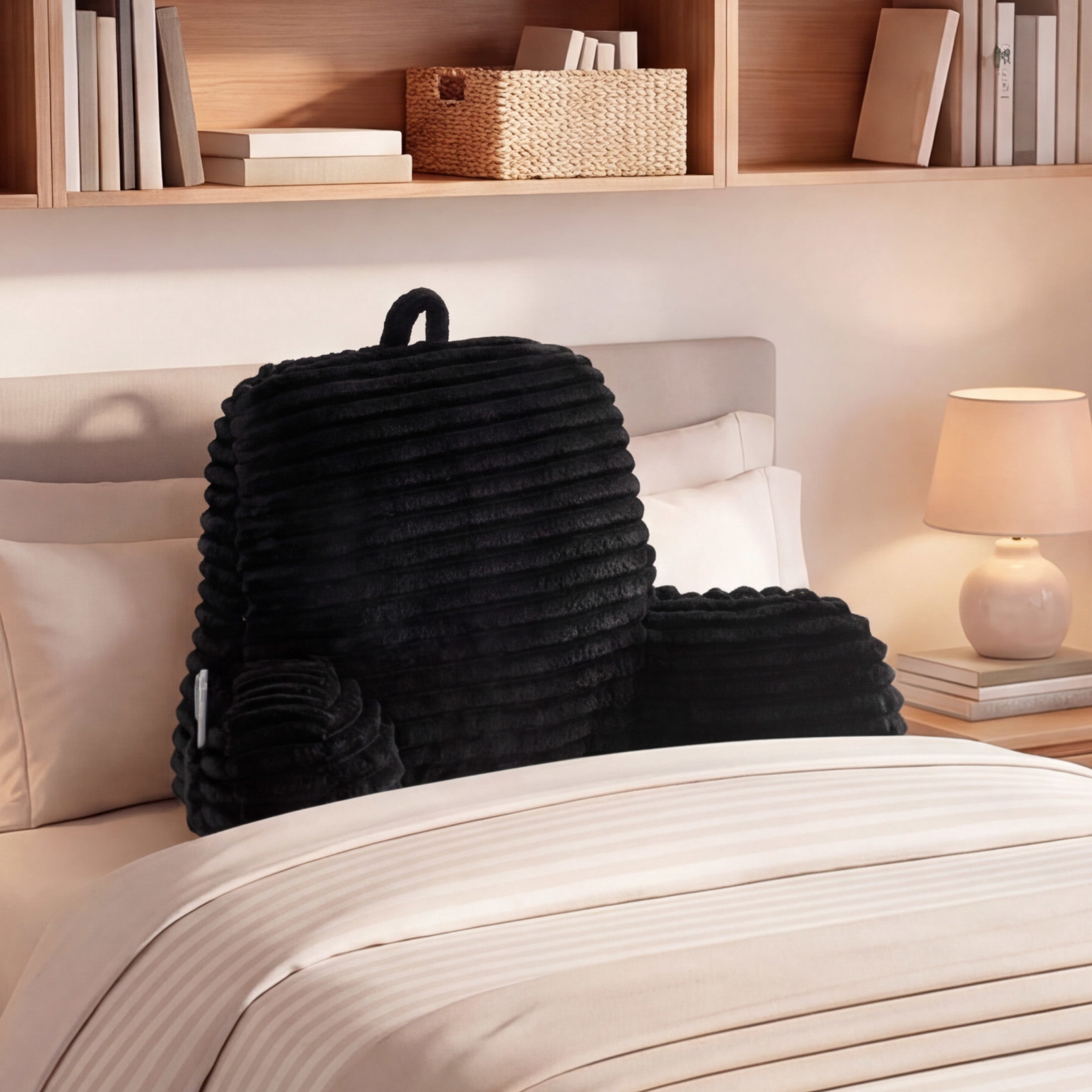The Sheet Lab Ribbed Plush Backrest Pillow with Armrests, Black, 29 x 24.5 x 10.5 Inches