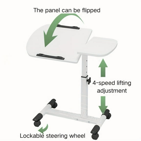 ​​"Adjustable Rolling Overbed Table with Wheels - White Wood Fiberboard Top for Sofa, Chair & Home Office Use - Mobile Hospital Tray Desk"​