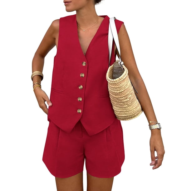 Conjunto de Dos Piezas para Mujer PRETTYGARDEN Chaleco y Shorts Rojo XS