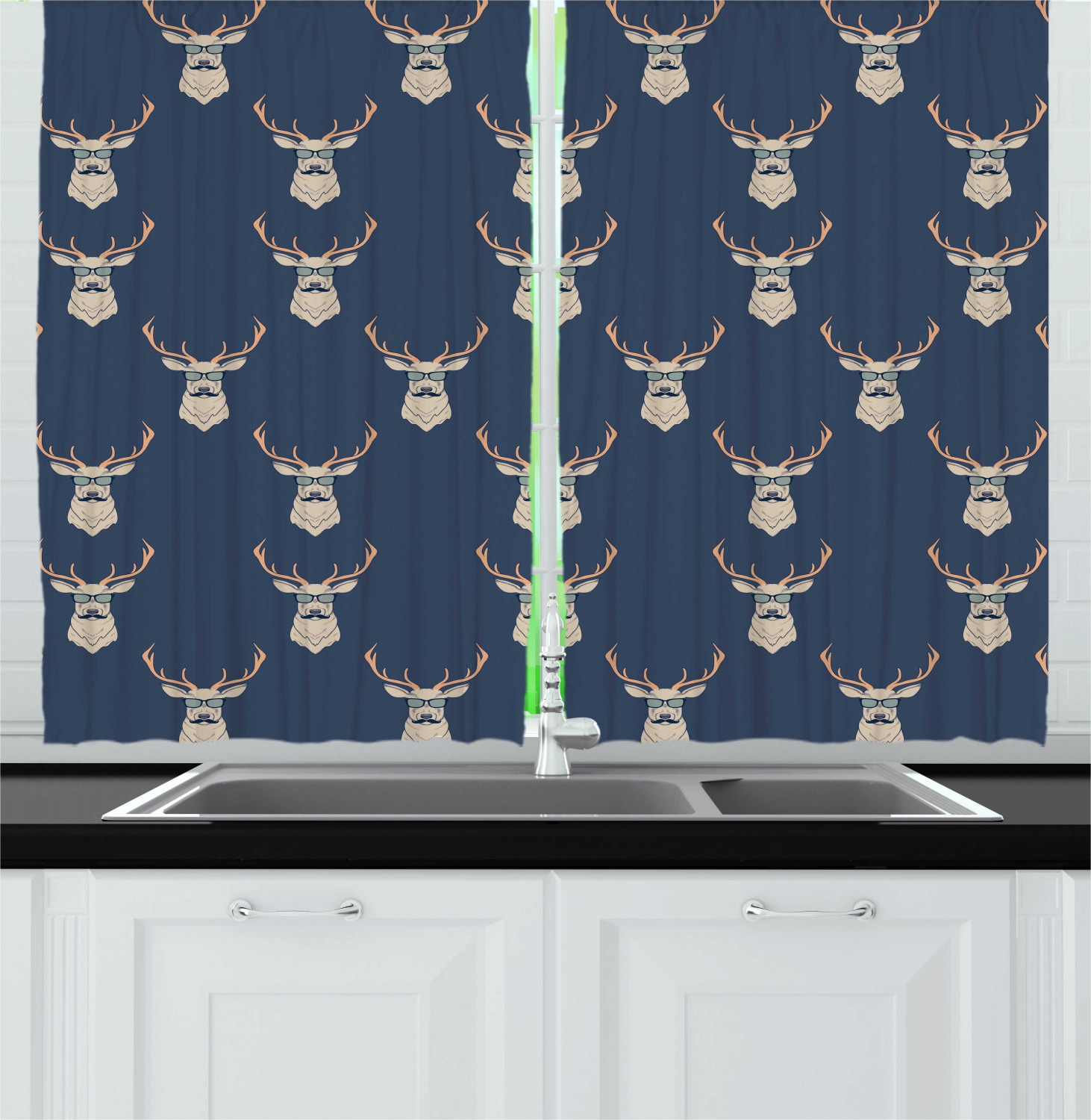 Deer Curtains 2 Panels Set, Hipster Inspired Deer with Antlers Glasses