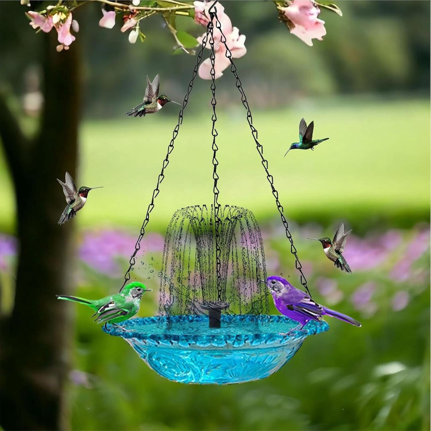 2026 New Solar Cascade Hanging Bird Bath Fountain, Outdoor Hanging Birdbath with Solar Fountain, Metal Solar Powered Birdbath with Water Pump for Outdoor Garden Decor (Pink)