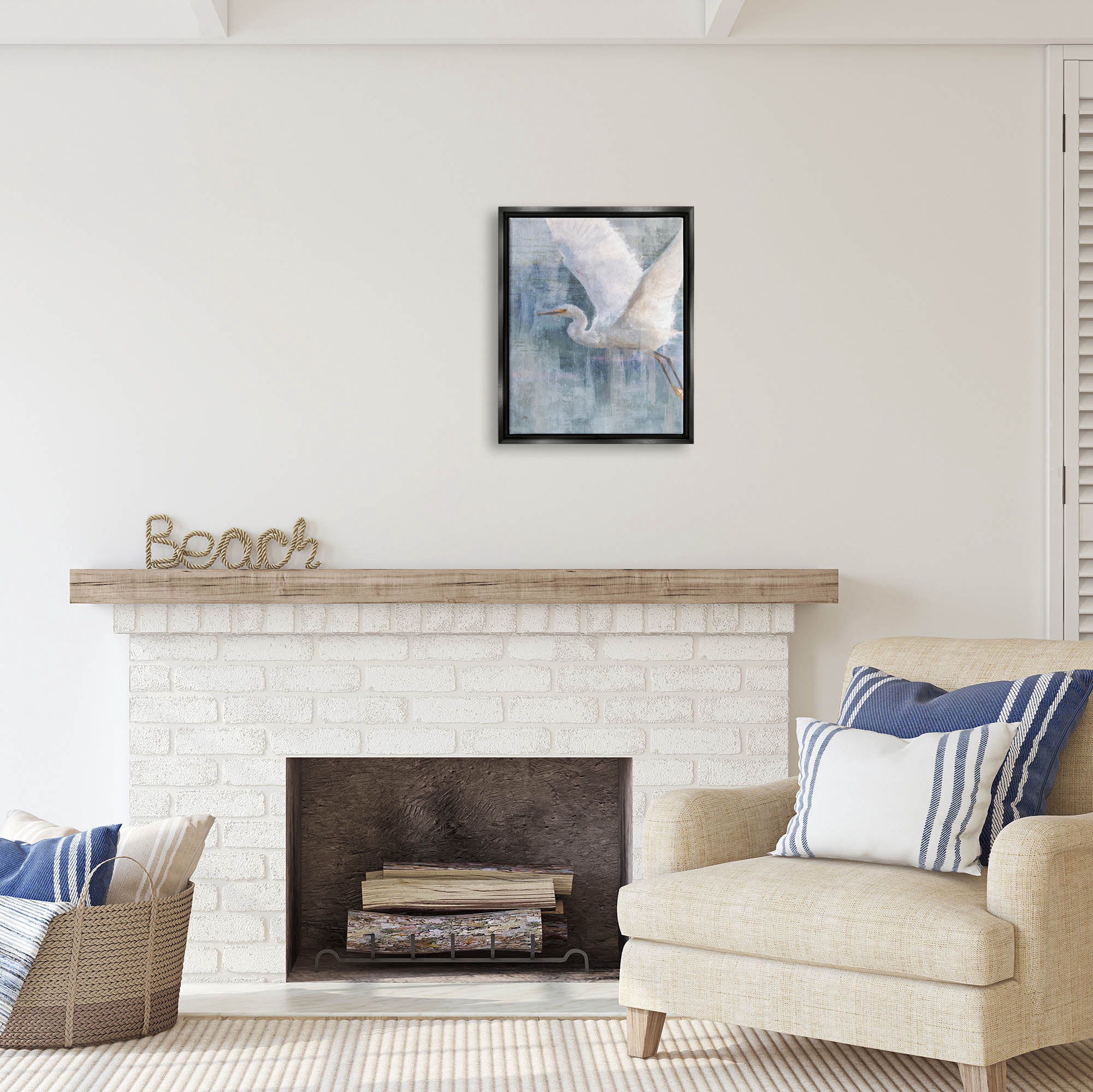 Stupell Industries Flying Egret Coastal Abstraction Coastal Painting Black Floater Framed Art Print Wall Art