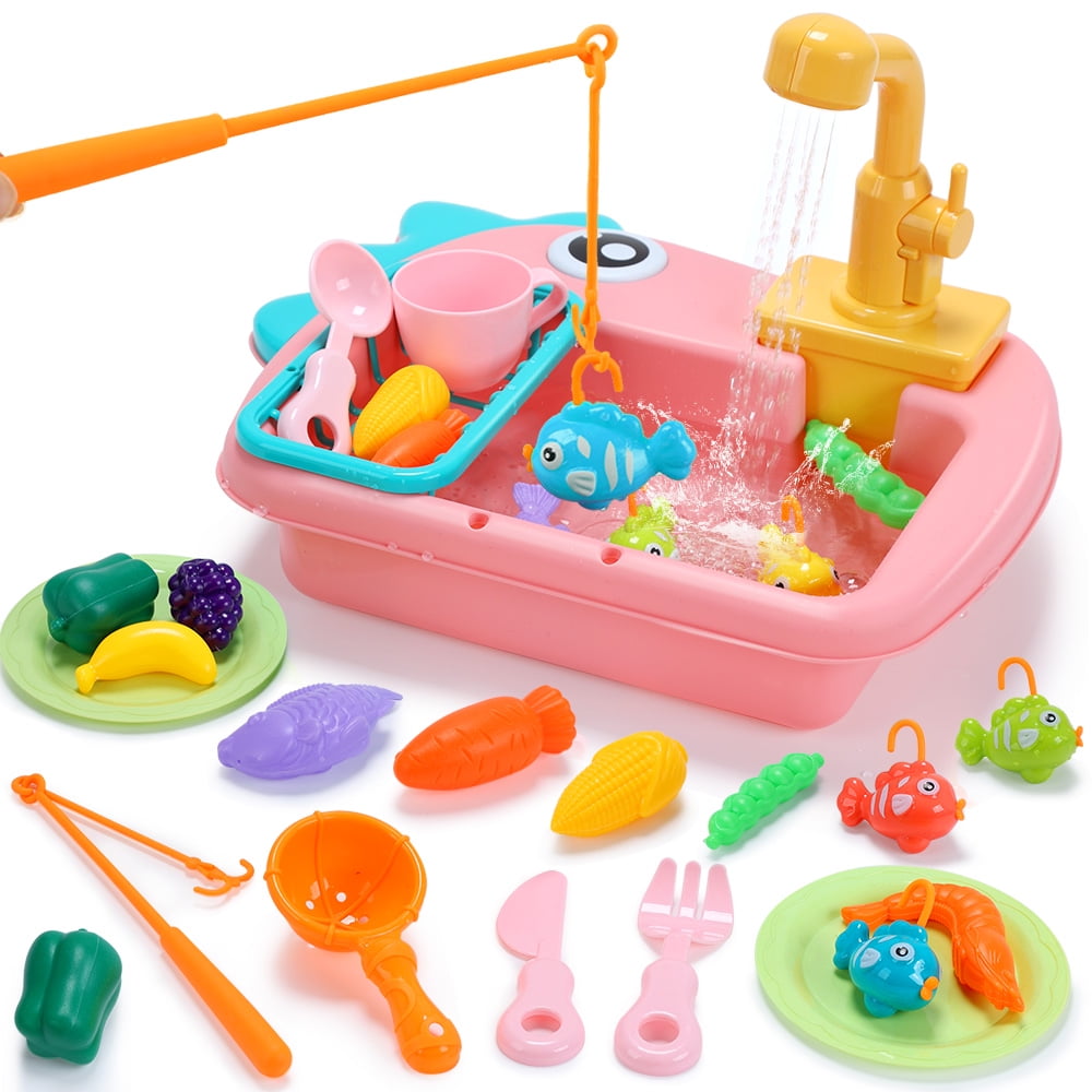 JoyStone Kitchen Play Sink Toys, Dinosaur Electronic Dishwasher Sink with Running Water, Fishing Game Toys and Play Food for Kids, Pink
