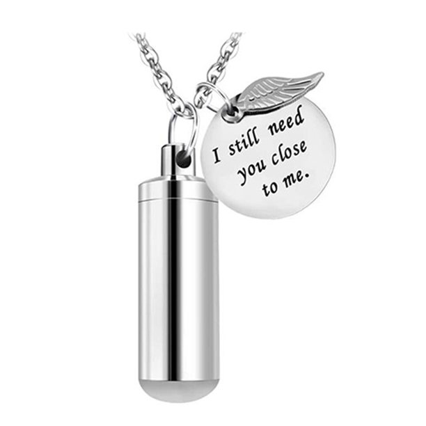 Collar conmemorativo para cenizas de mascotas, colgante cilíndrico para cenizas de hombres y mujeres, colgante de alas de acero de titanio y plata