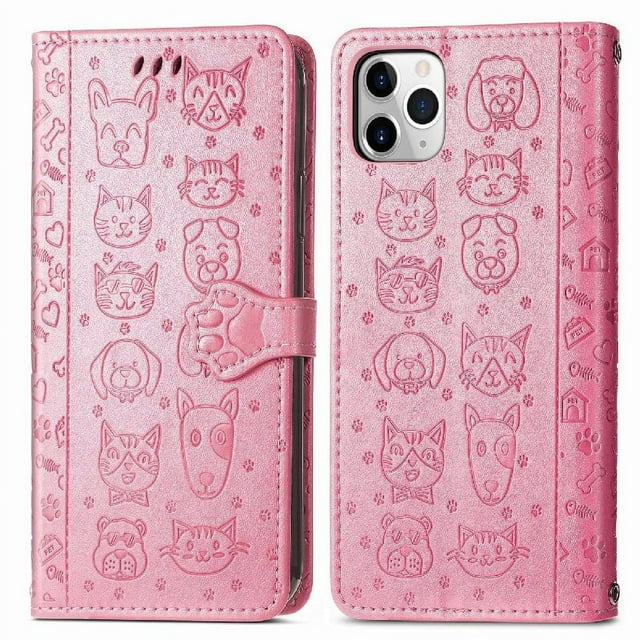 Funda Cartera FOXDOCK para iPhone 11 Pro , Flip PU con Relieve de Gatos y Perros, Tarjetero y Soporte