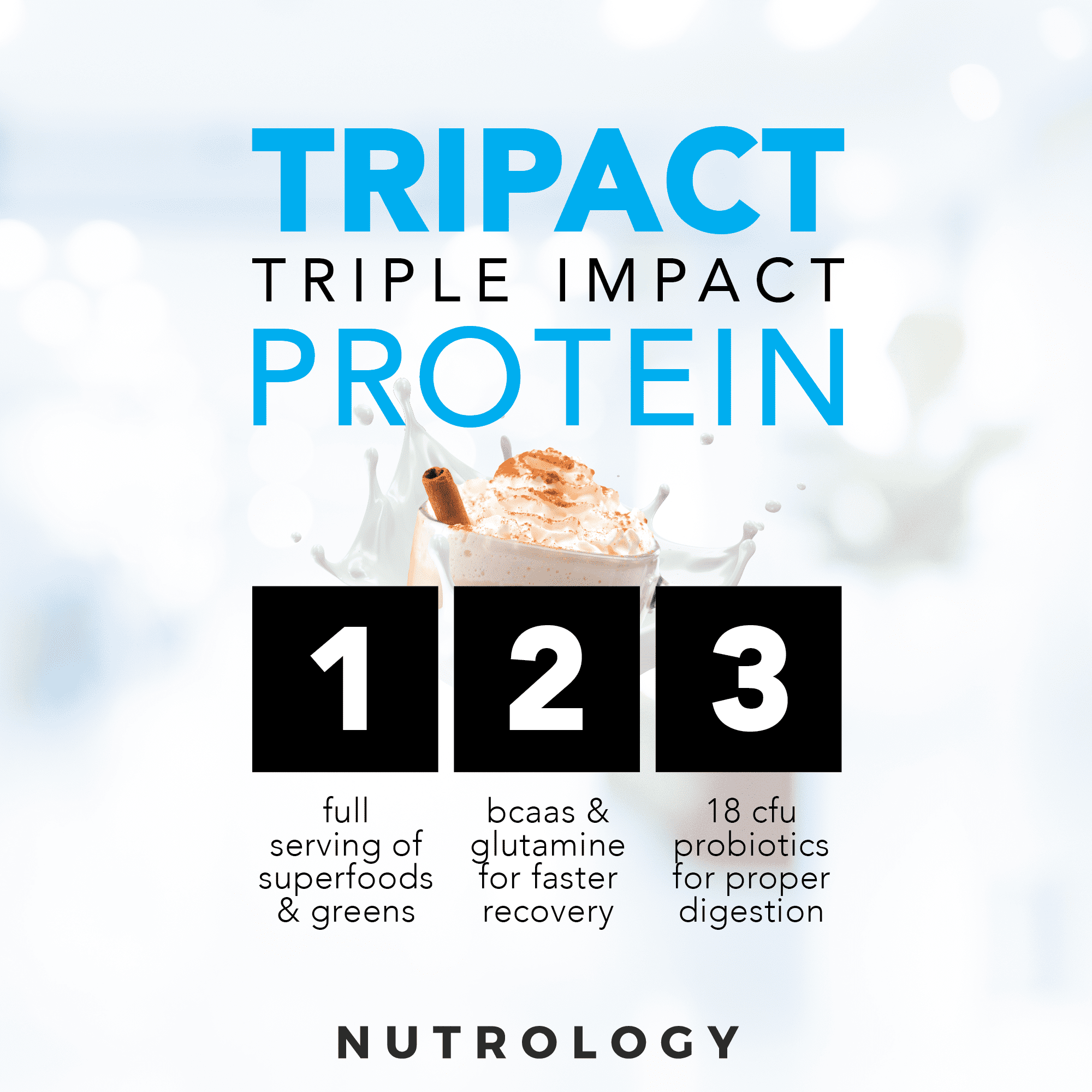 TRIPACT PROTEIN - Premium Nutrition Shake - Non-GMO Grass Fed Whey Protein, Plant Proteins, Greens, Superfoods and Probiotics–Lean Muscle-Recovery-Boost Performance -Vanilla Latte with Cinnamon 3lb.