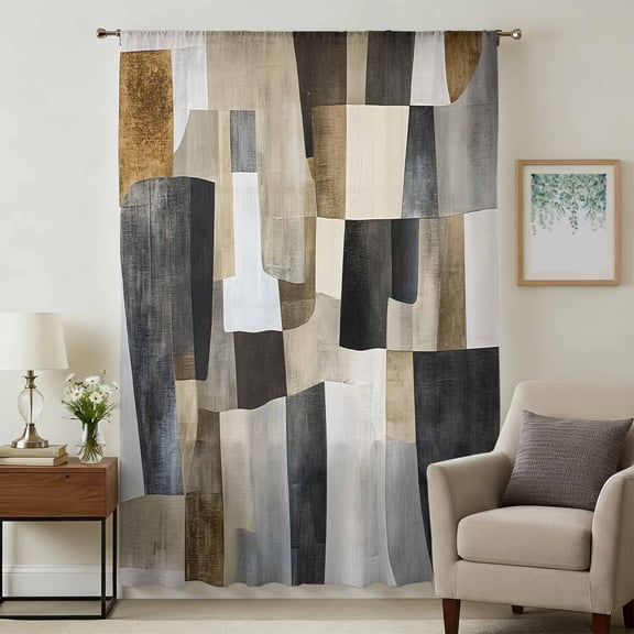 Black Brown Boho Sheer Curtains 108 Inches Extra Long, Abstract Modern Geometric Art Light Filering Curtains, Privacy Drapes Simi Floor to Veiling Curtain for Living Room Bedroom Window Treatment