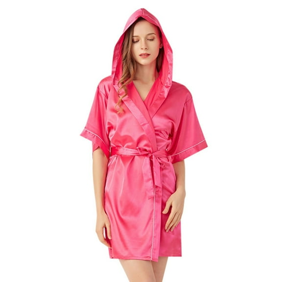LIIPEE Women's Hooded Silk Robes Satin Kimono Robe Short Silky Bathrobe Bridesmaid Wedding Party Sleepwear Versatile Pajamas