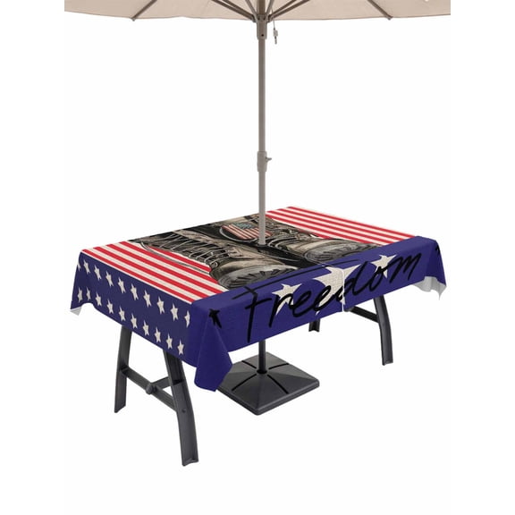 Outdoor Tablecloth with Umbrella Hole for Patio/Picnic/Party/Camping, Independence Day Waterproof Table Cloth Rectangle Table Cover Washable, Vintage Boots Red Vertical Striped US Flag (54"x 80")
