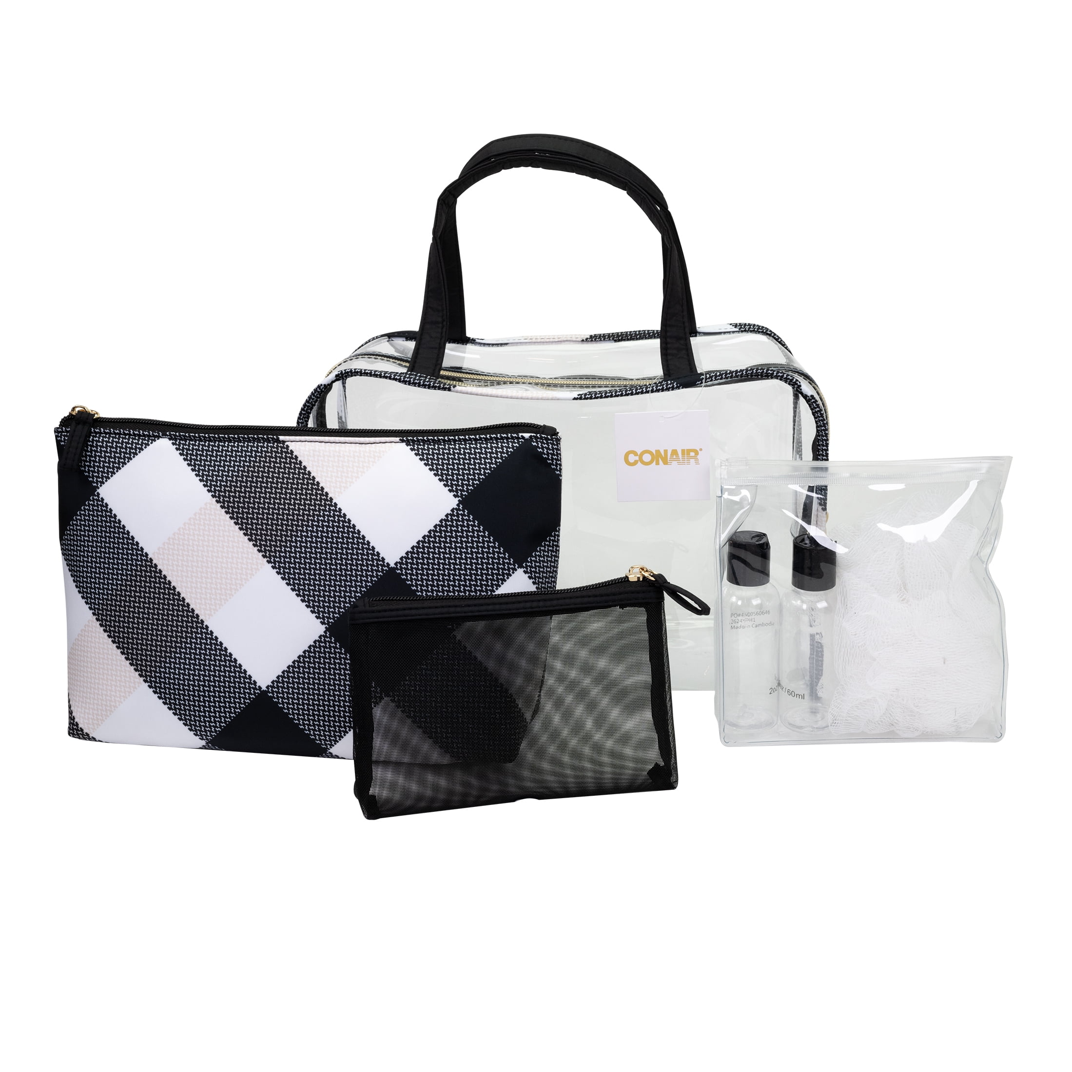 Conair Weekender 7pc Black Plaid Cosmetic Bag