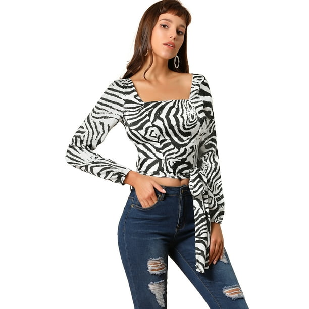 Blusa Corta Estampado De Cebra Mangas Largas Cuello Cuadrado Cintura De Lazo Para Mujer Blanco XS Unique Bargains Blusa
