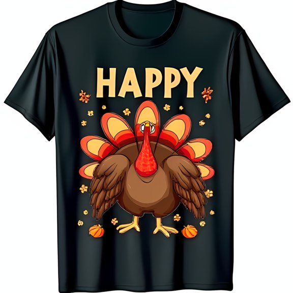 Happy Thanksgiving Turkey T-Shirt Cartoon Turkey Design with Leaves Black Tee