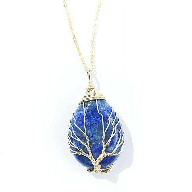 Zhuge Collar con colgante de árbol de la vida, adornos de collar para hombres y mujeres hechos a mano, collar con colgante de gota de agua de árbol de la vida envuelto en oro (azul)