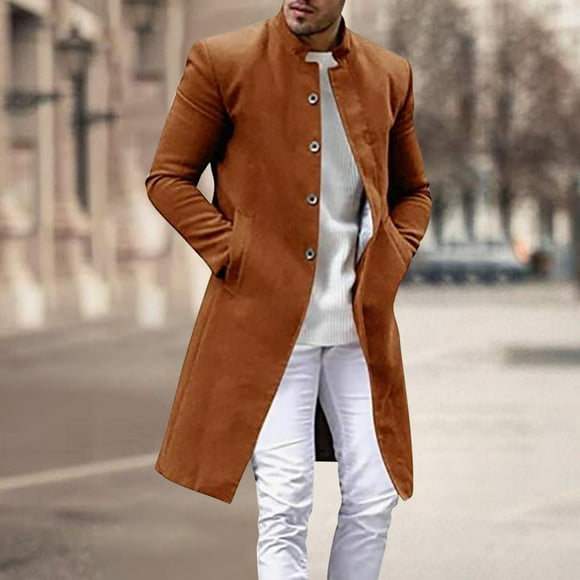 EQWLJWE Mens Black Trench Coat Stand Mandarin Collar Single Breasted Long Peacoat Overcoat Full Length Trench Coat Winter Windbreaker Wool Coat Men