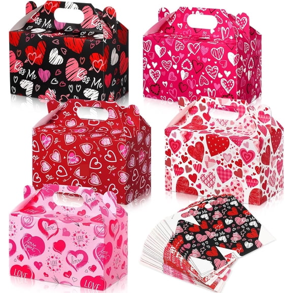 30 Pack Valentines Day Treat Boxes Pink Red Black Heart Prints Cardboard Gable Valentines Boxes for Treats Goody Bakery Cupcake Candy Favor Box Holder Valentine's Day Classroom Gifts Bags