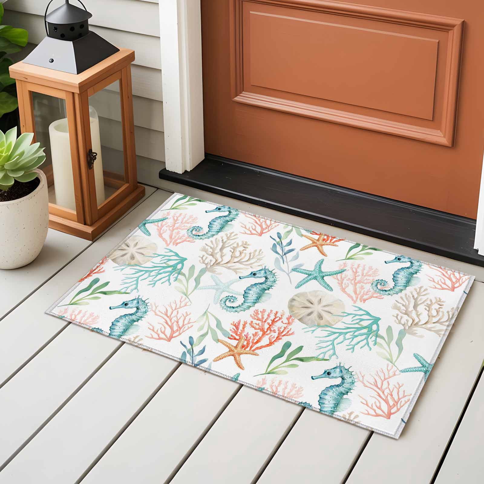 Entryway Rug 2'x3', Teal Red Seahorse Coastal Small Rug for Kitchen Bathroom Door Mat Indoor Entrance, Nautical Beach Coral Starfish Non-Slip Area Rugs Floor Mats Carpet Front Door Rugs