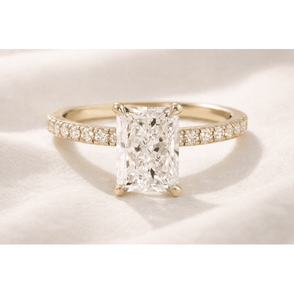 Jewelerix Radiant Cut Moissanite Engagement Ring 14K Yellow Vermeil Gold Pavé Band Solitaire Wedding Ring for Her