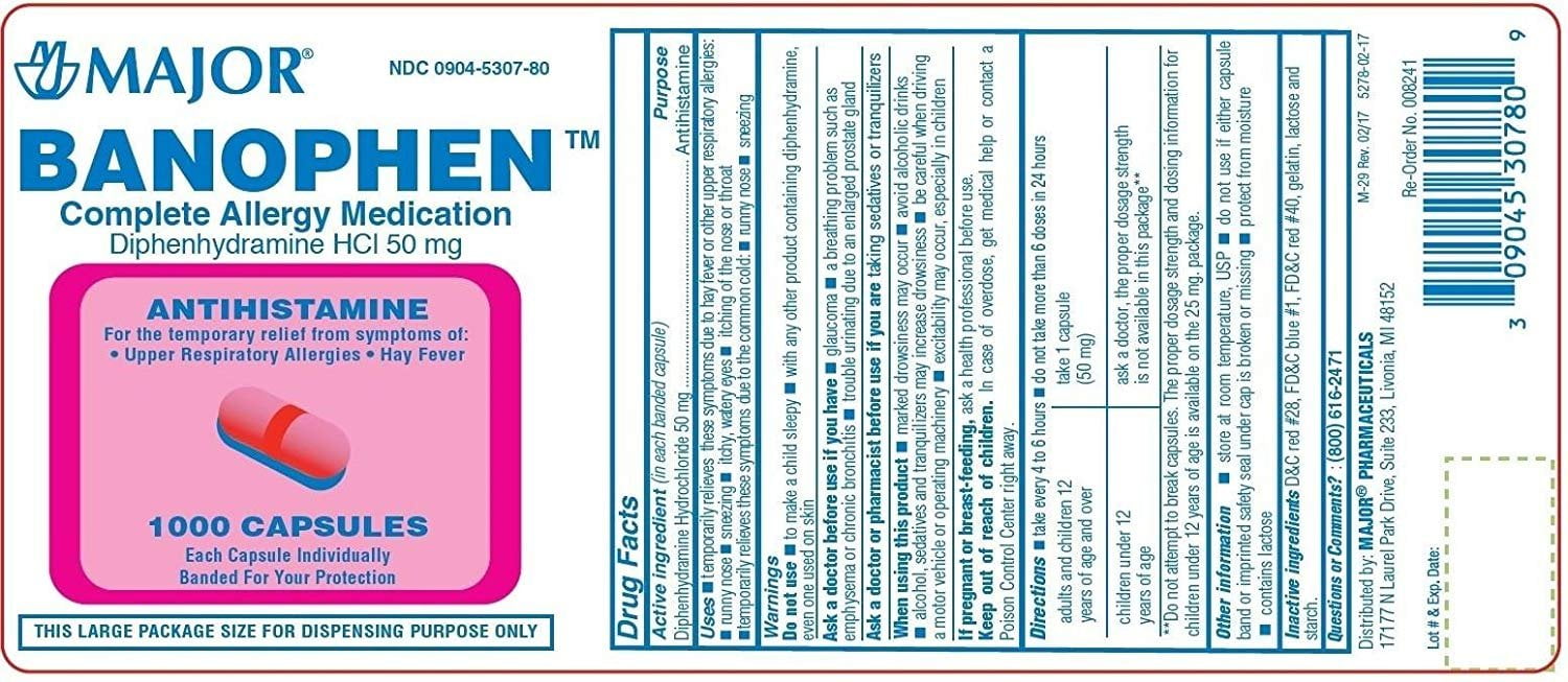 Major Banophen Diphenhydramine Capsules, 50 mg, 1000 Count