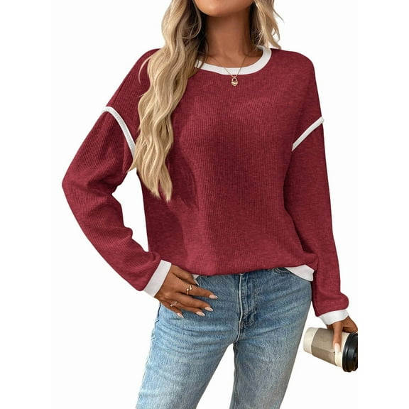 Women'S 2025 Fall Crew Neck Long Sleeve Oversized Color Block Sweaters Ribbed Knit Side Slit Pullover Wine Red S
