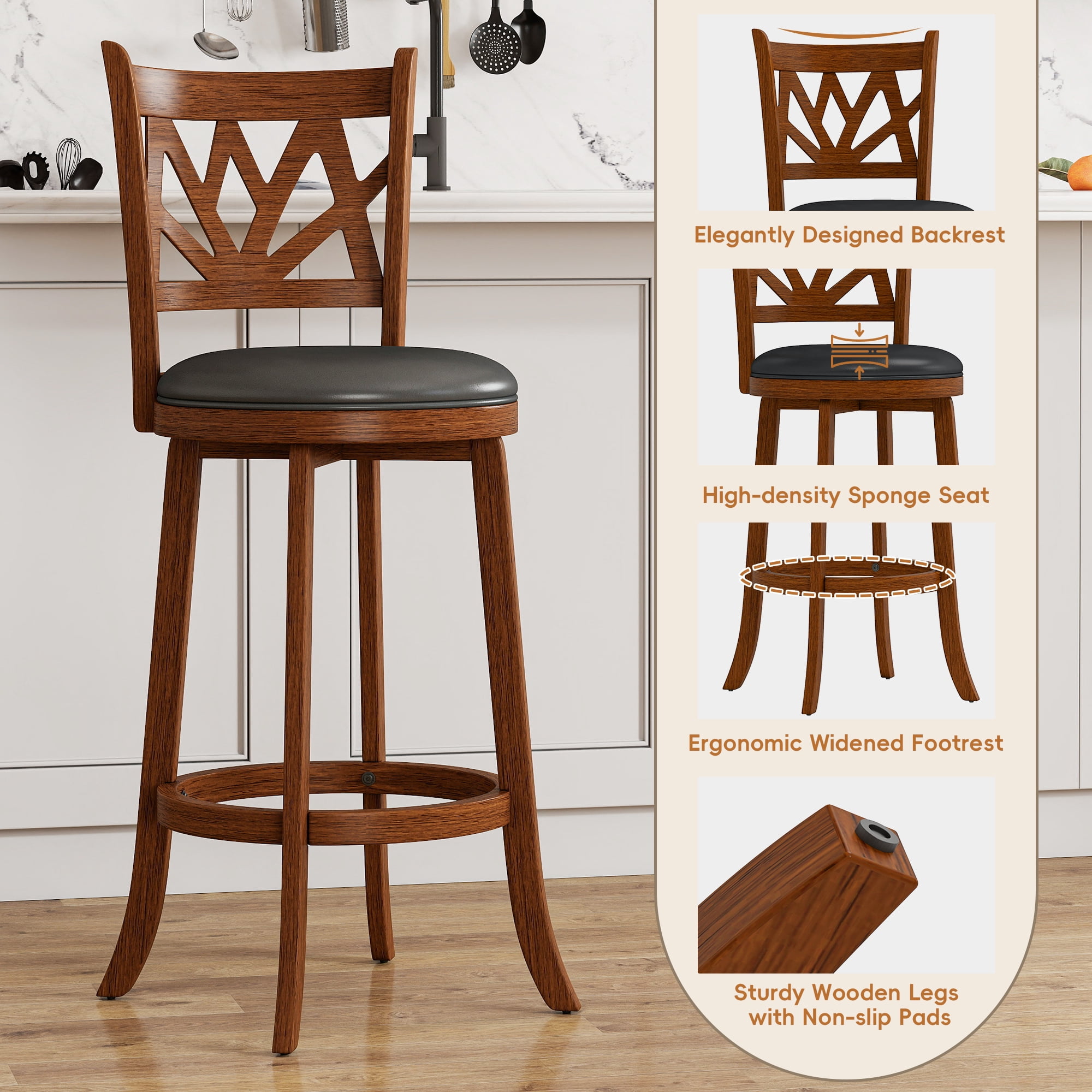 Joywind Farmhouse Swivel Bar Stools Set of 2, 30" Carved Lotus Barstools, Faux Leather Upholstered Bar Chairs with Solid Footrest & Wood Legs, Rustic Brown