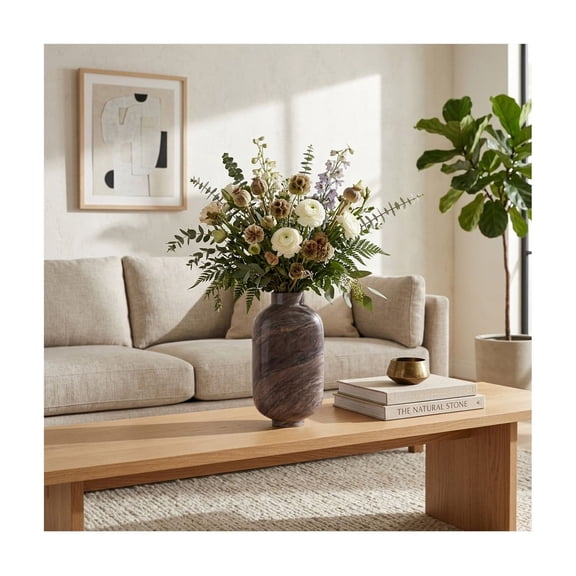 Cylinder Vase for Living Room Decor - Modern Stone Marble Flower Vase for Home, Bedroom, Table, and Office Decor - Contemporary Accent Room Decor Piece for Dining Centerpiece - 12", Brown & Tan