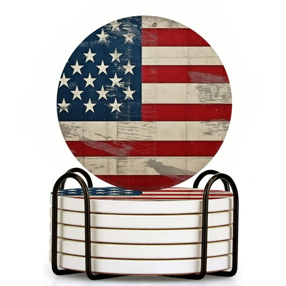 Bahomeck Drink Coasters Set Of 6 With Holder Vintage American Flag Background Water Absorbent Ceramic Coasters Tabletop Protection,Suitable For Various Cup,Home Decor