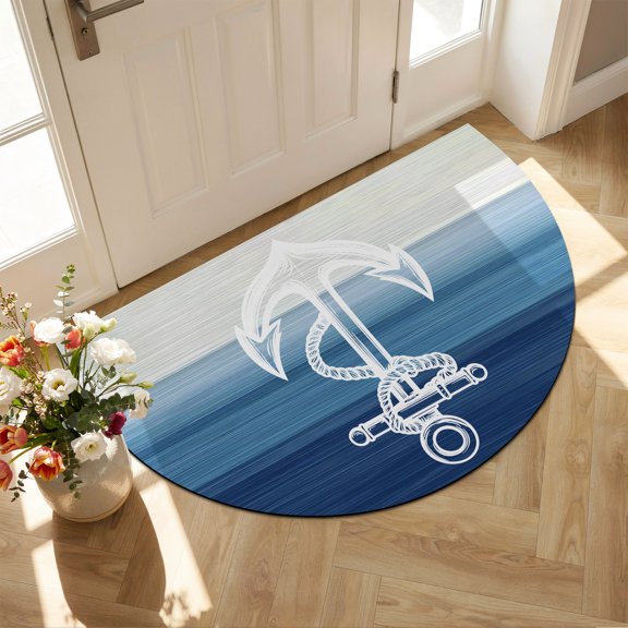 Half Circle Bath Mat Blue Anchor Semicircular Doormat Non Slip Absorbent Quick Dry Diatomite Stone Area Rugs Nautical Coastal Drying Shower Mat for Bathroom Floor Bathtub Entryway Kitchen 16"x24"
