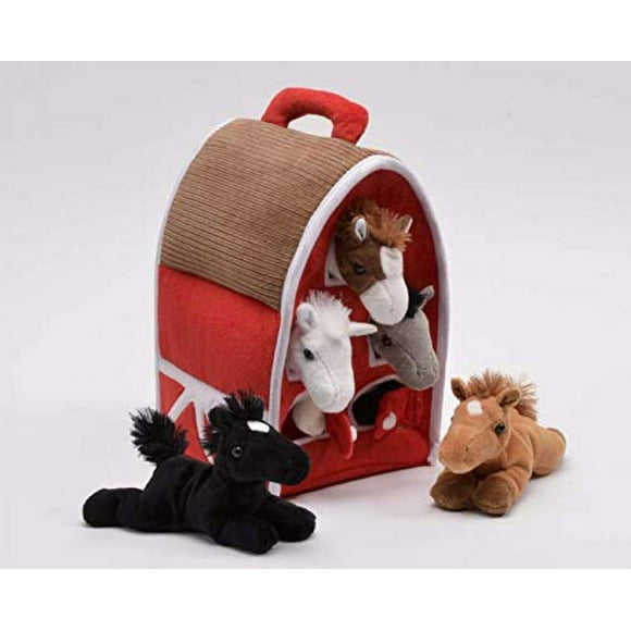 Plush Horse Barn with Horses - Five (5) Stuffed Animal Horses in Play Carrying Barn Case
