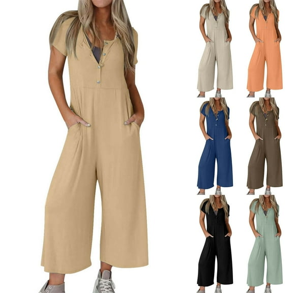 safuny Women's Jumpsuits Romper Overalls Buttons with Pocket Summer Solid Color Workout Vacation Trousers for Women Causal Short Sleeve Coffee XXL