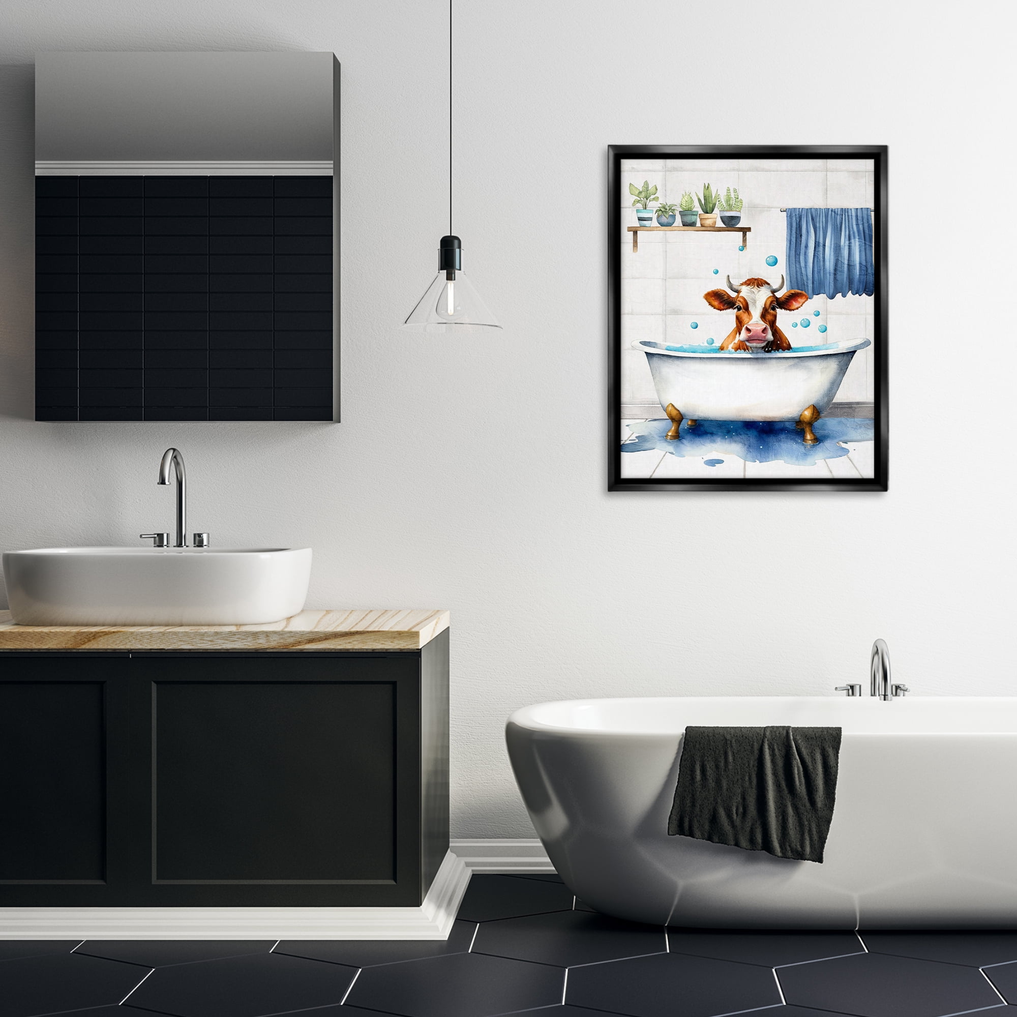 Stupell Industries Cattle Bathtime Suds Bath & Laundry Painting Black Floater Framed Canvas Art Print Wall Art, 25 x 31
