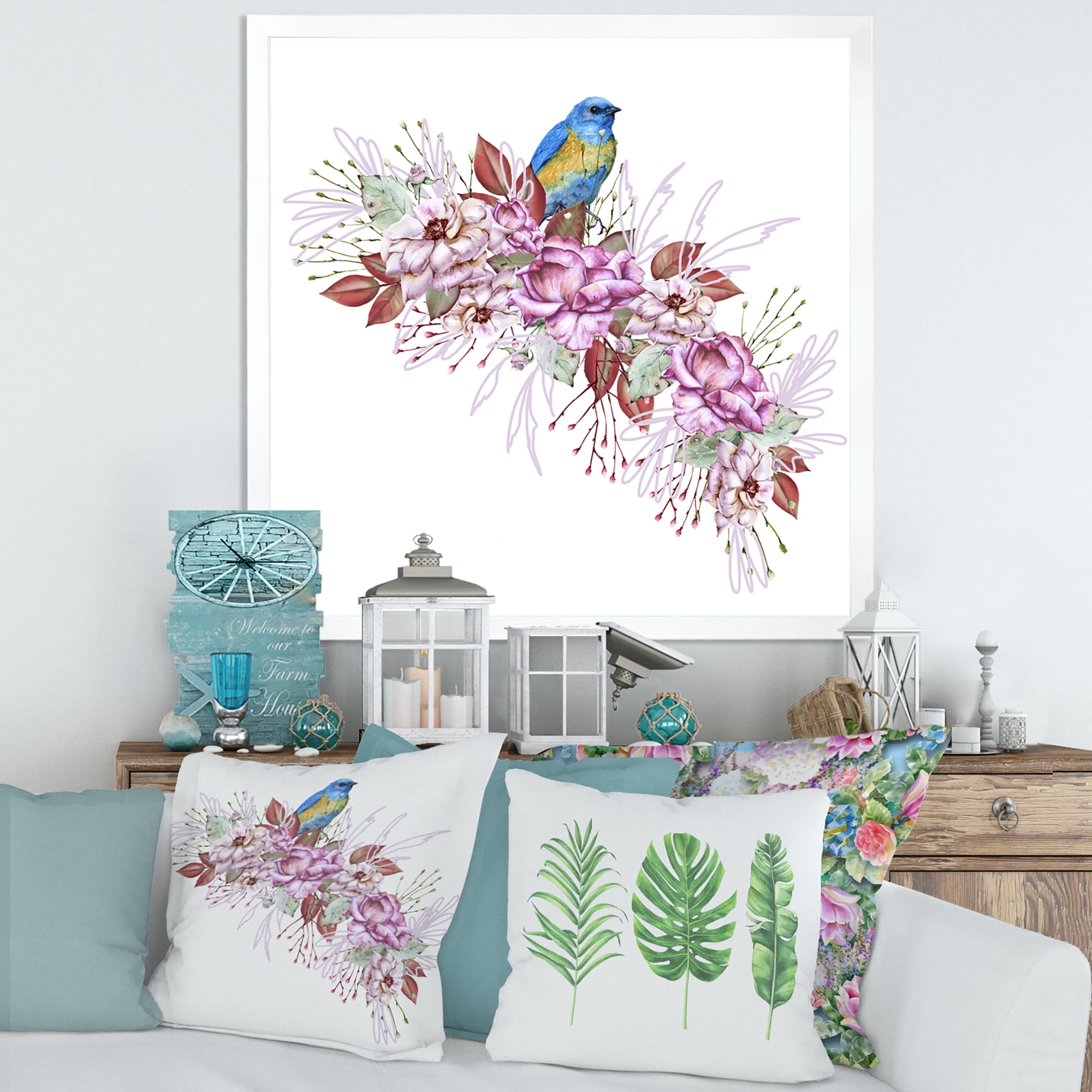 Designart 'Little Blue Bird Sitting On Colorful Boquet of Flowers' Traditional Framed Art Print