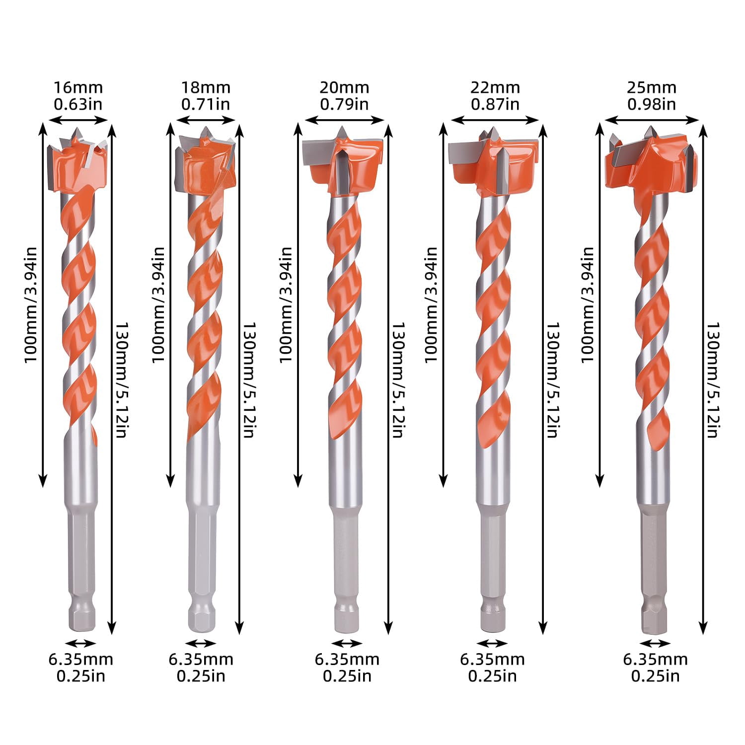 FRKSMD-Professional 5 Piece Wood Drill Bit Set Forstner Bit Set High Speed Steel Hole Drill Bits for Woodworking with Orange and Silver Spiral Design Ideal for Carpentry and Woodworking Projects