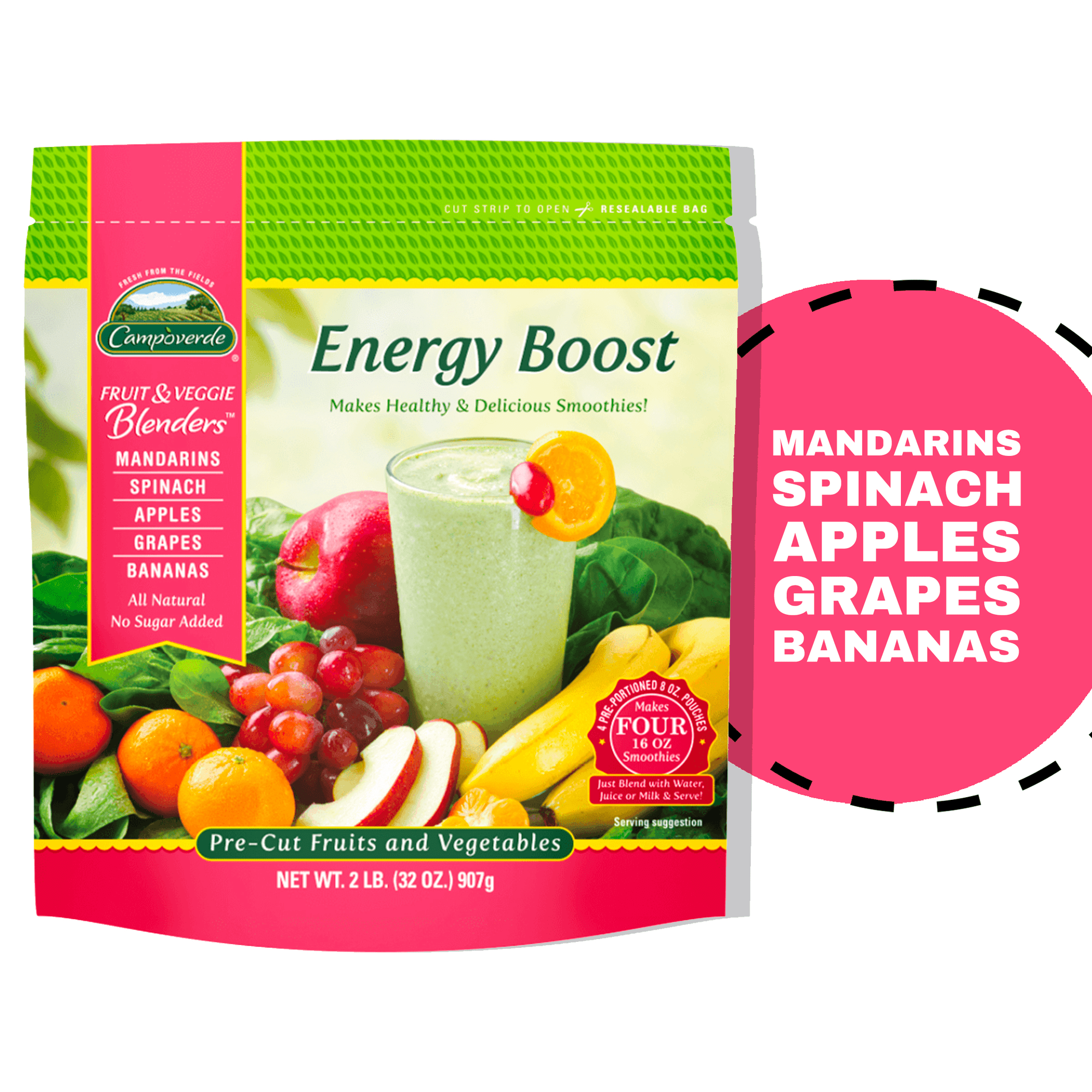 Campoverde Fruit & Veggie Blenders Frozen Energy Boost Smoothie Packs, Mandarin-Spinach-Apple-Grapes-Banana, 32 oz, 4 pk