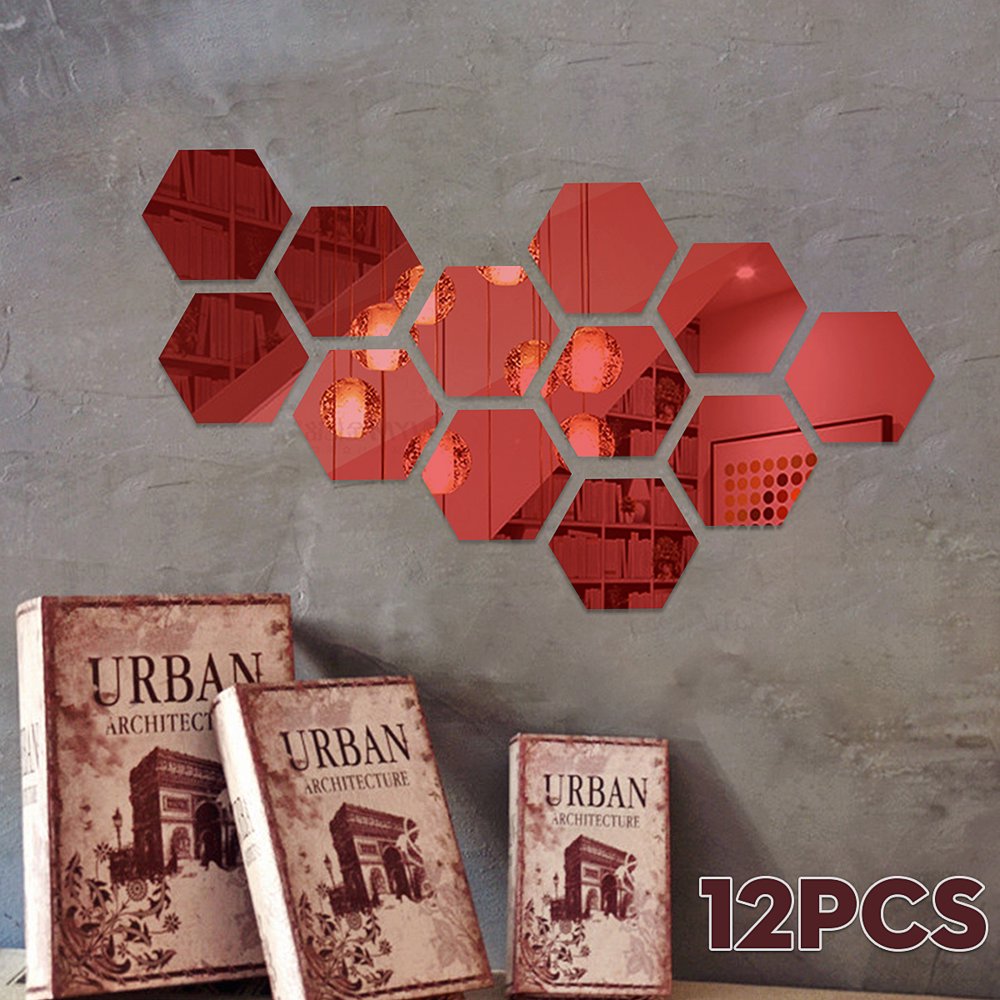 12Pcs Hexagon Acrylic 3D Mirror Wall Sticker Mural Decal Self Adhesive
