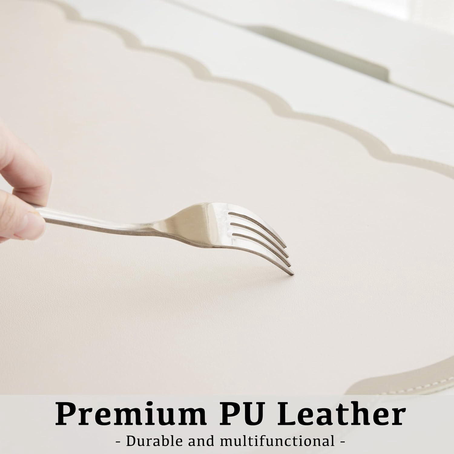 Scalloped Desk Mat, 31.5" x 15.7" Large Cute Beige Khaki Aesthetic Desk Accessories, PU Leather Computer Laptop Desk Mat Mouse Keyboard Pad, Desk Writing Makeup Mat for Vanity/Work/Home Decor